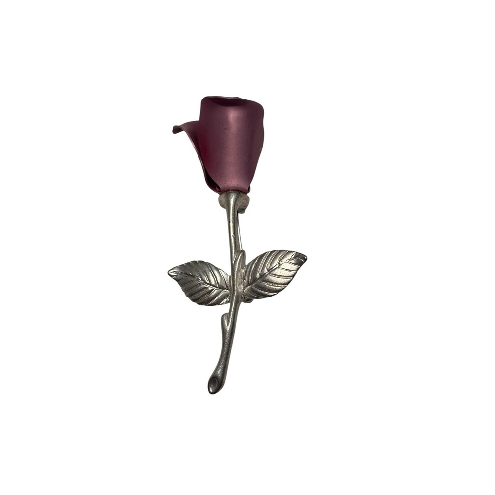 Vintage Signed Avon Silver Tone Mauve Pink Long Stem Rose Flower Brooch Pin